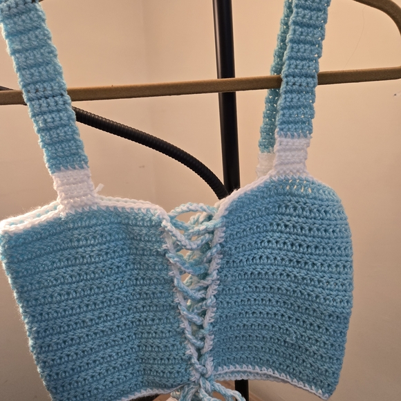 Sky Blue and White Crochet Crop Top - Picture 2 of 11